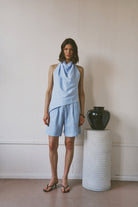 The Linen Leo Shorts in Blue FUCHSIA SHAW