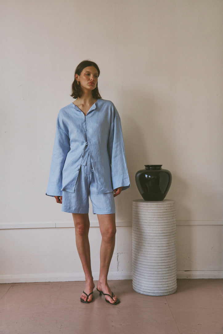 The Linen Leo Shorts in Blue FUCHSIA SHAW